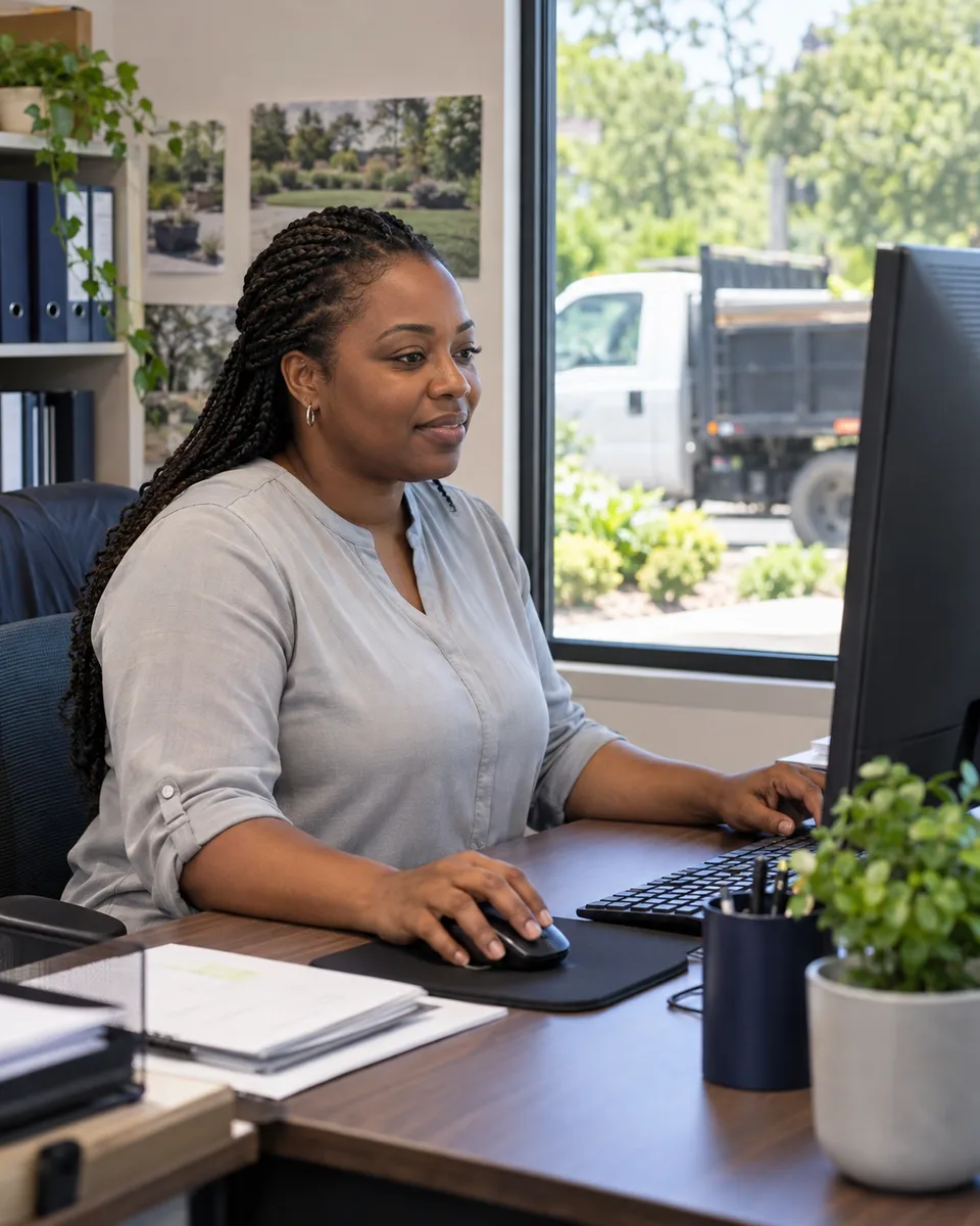 Office administrator working at a computer.