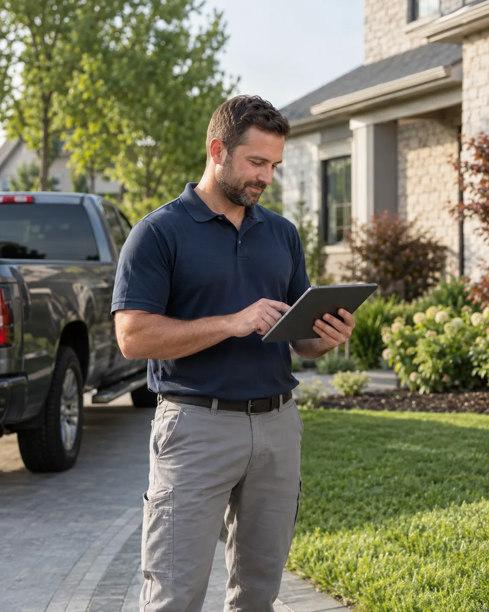 Landscaping business owner using a tablet beside a property.