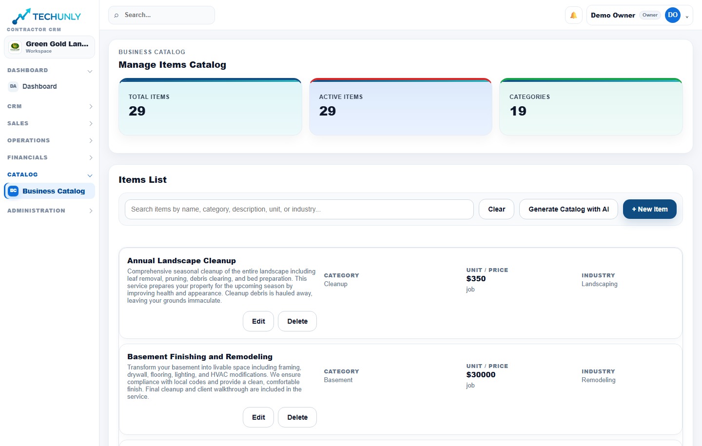 Techunly Business Catalog screen for managing landscaping services and pricing