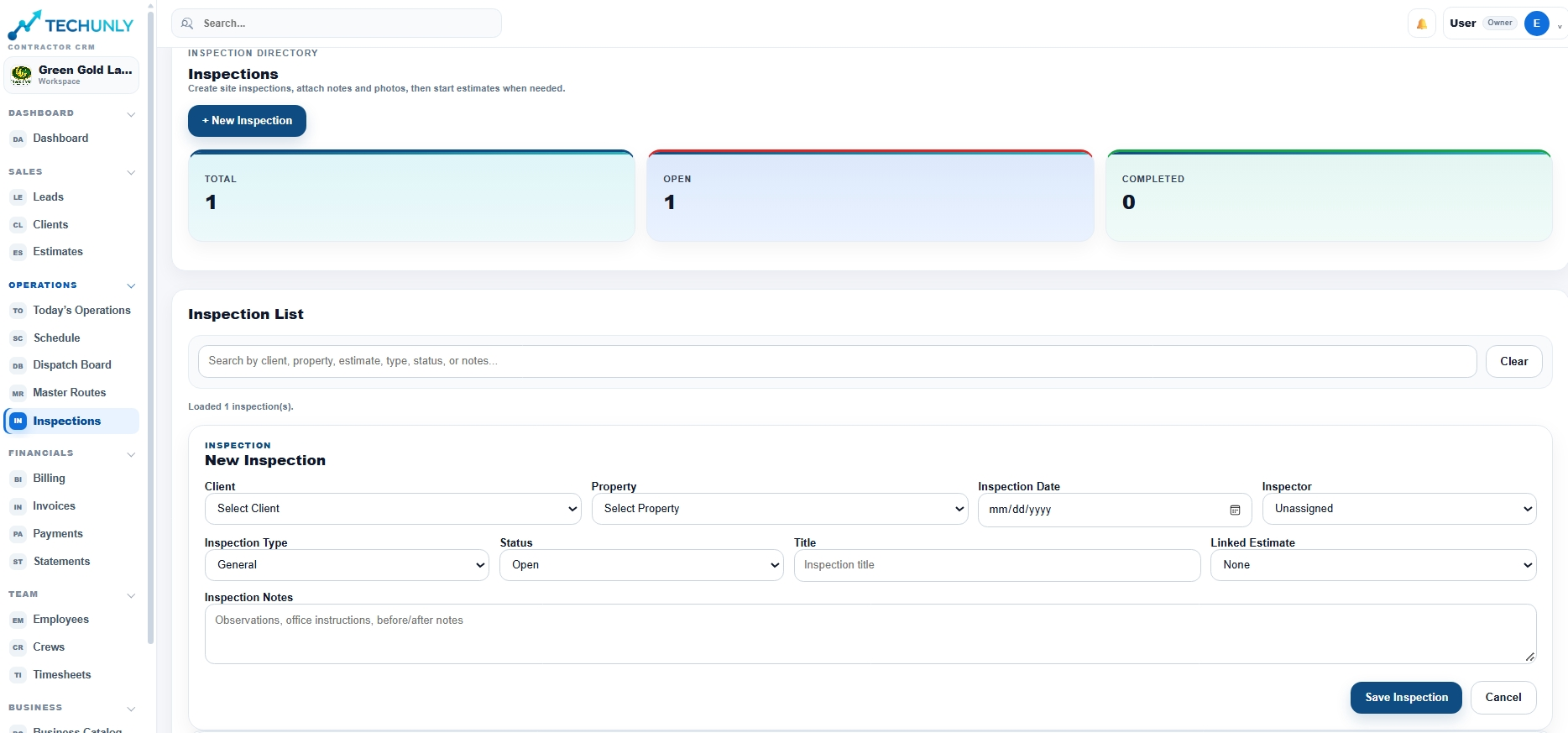 Techunly Inspections directory with indicators and a new inspection form.