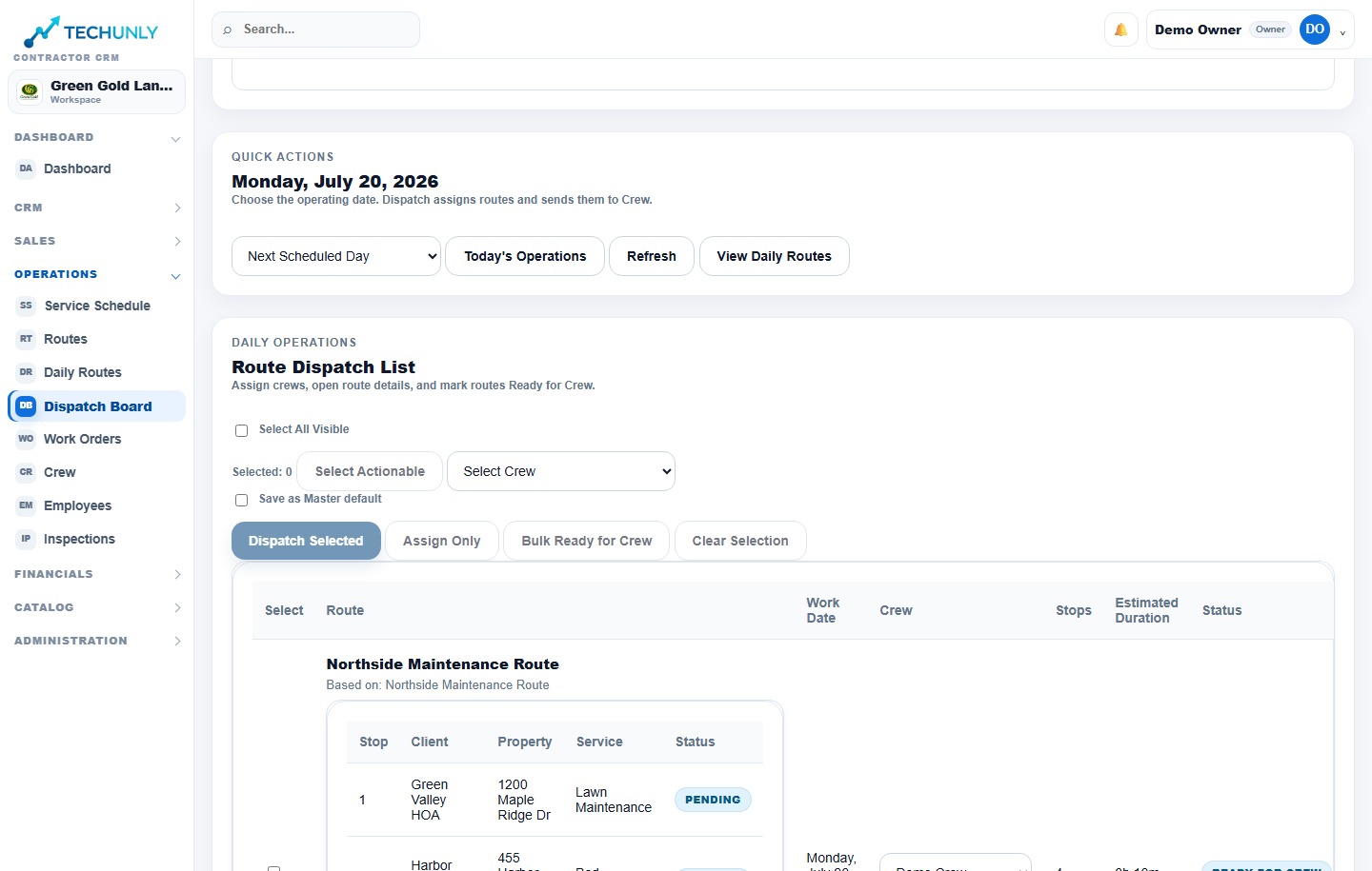 Techunly scheduling and dispatch screen for daily landscaping operations
